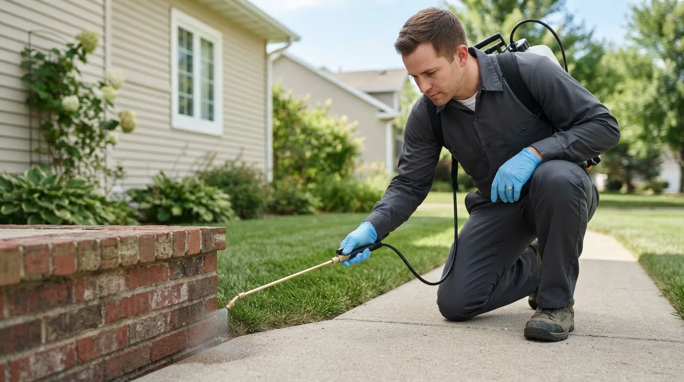 Pest control technician treating a home near Klondike, TX