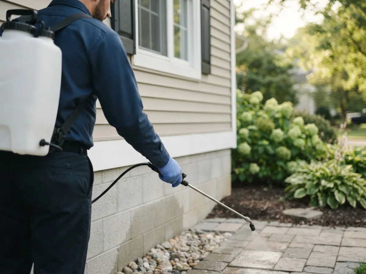Pest control technician inspecting a home in Klondike, TX
